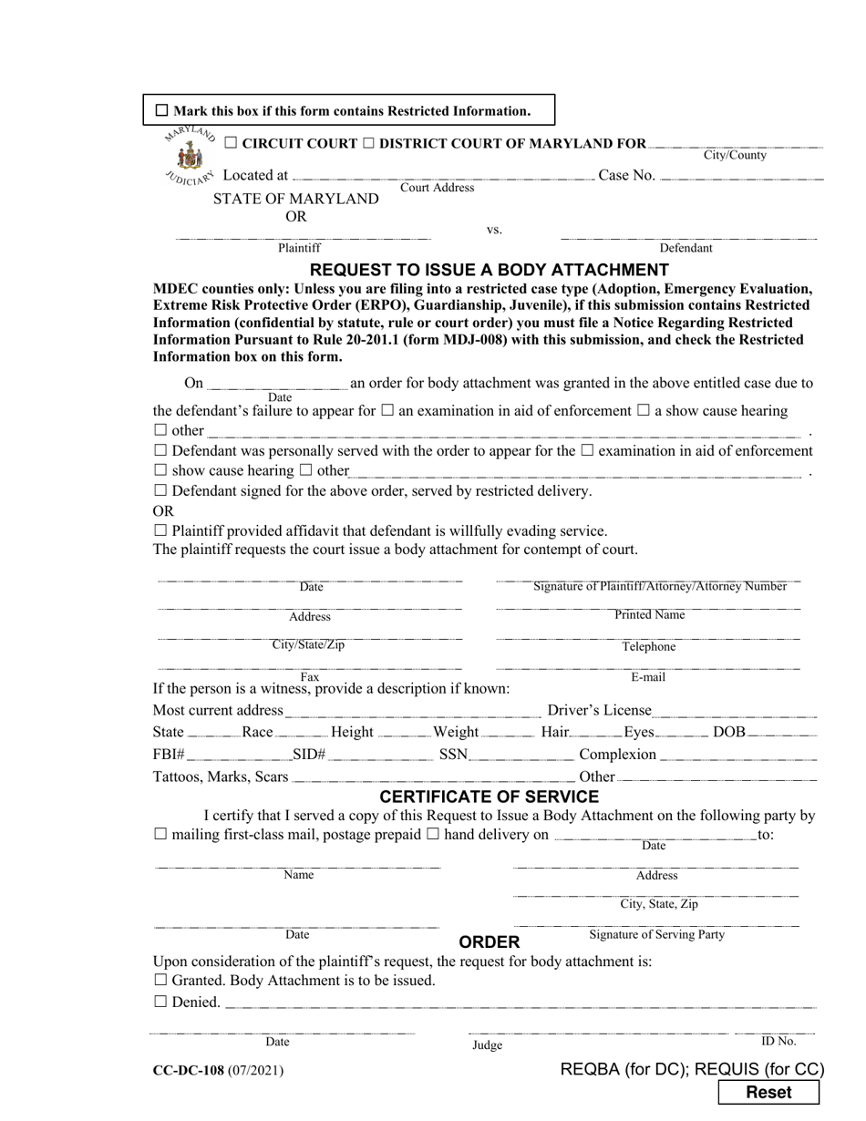 Form CC-DC-108 Request to Issue a Body Attachment - Maryland, Page 1
