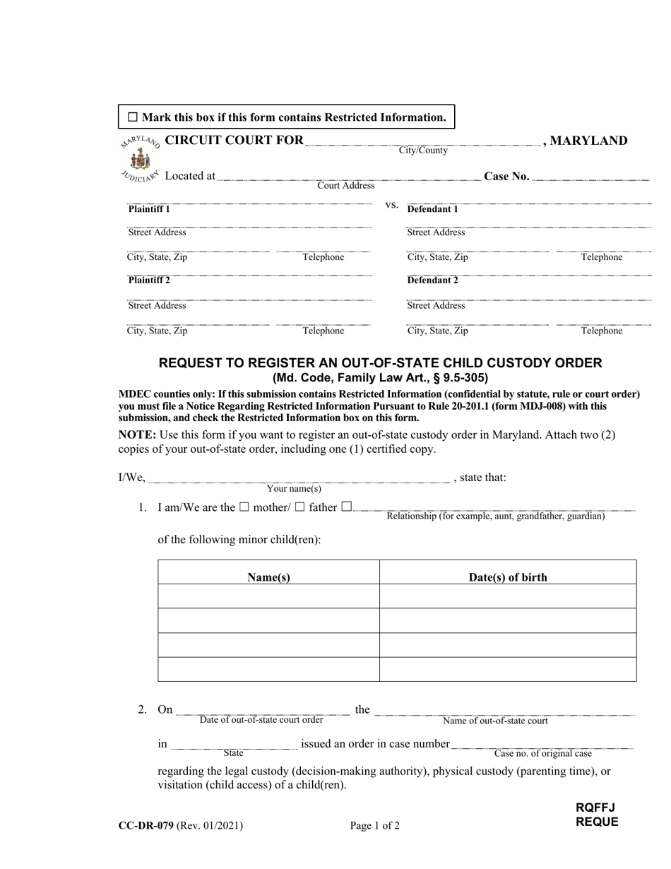 Form CC-DR-079 Request to Register an Out-of-State Child Custody Order - Maryland, Page 1