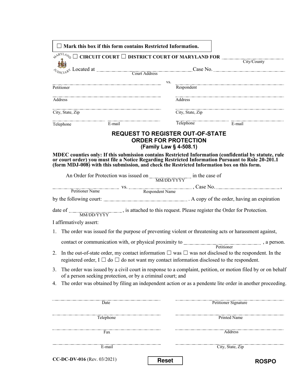 Form CC-DC-DV-016 Request to Register Out-of-State Order for Protection - Maryland, Page 1