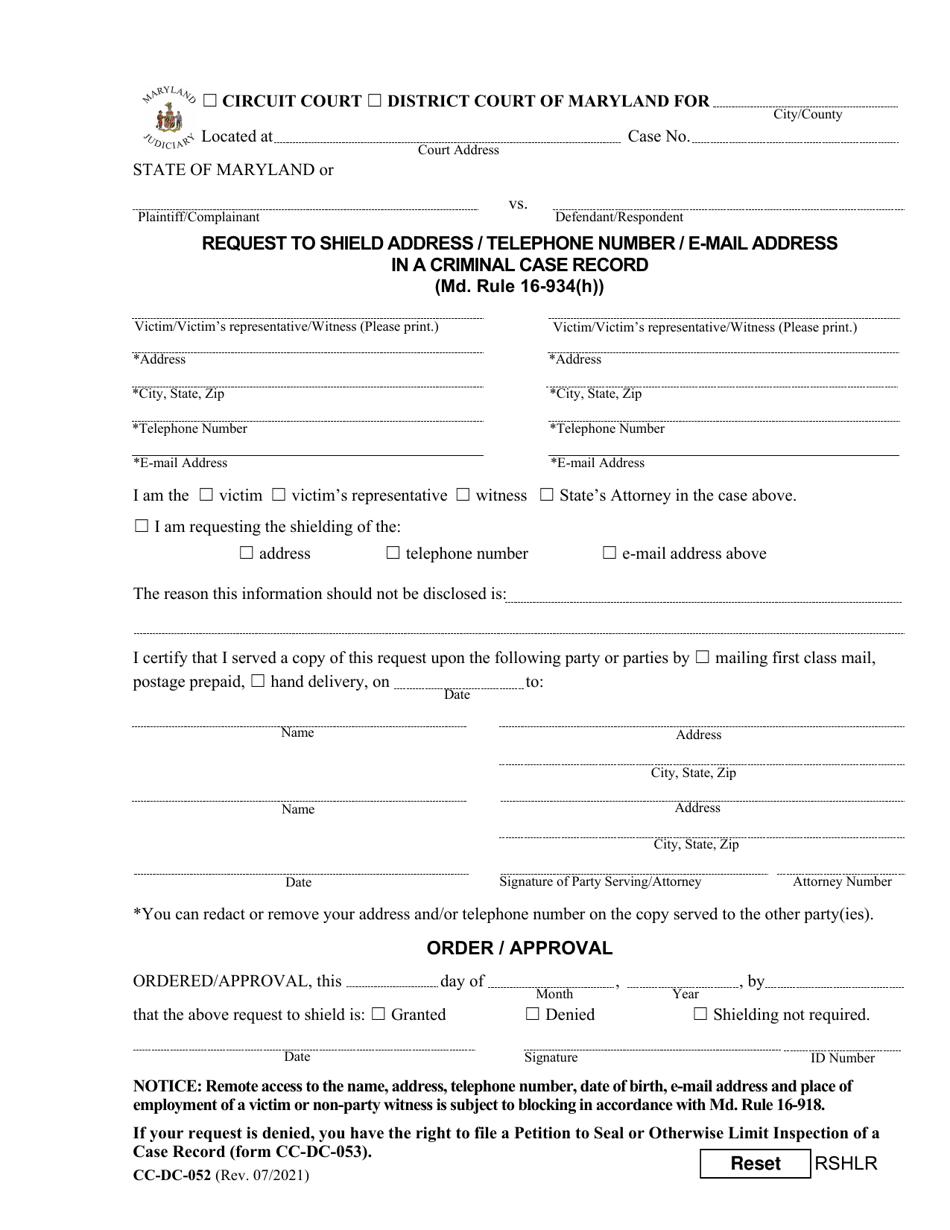 Form CC-DC-052 Request to Shield Address / Telephone Number / E-Mail Address in a Criminal Case Record - Maryland, Page 1