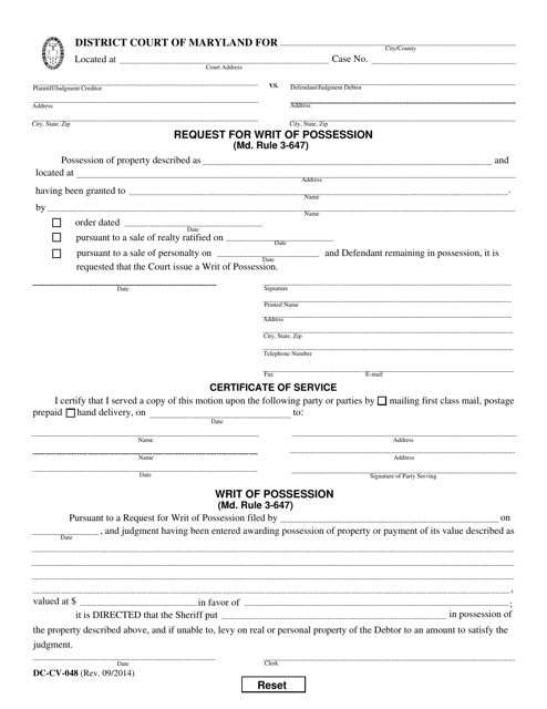 Form DC-CV-048 Request for Writ of Possession - Maryland