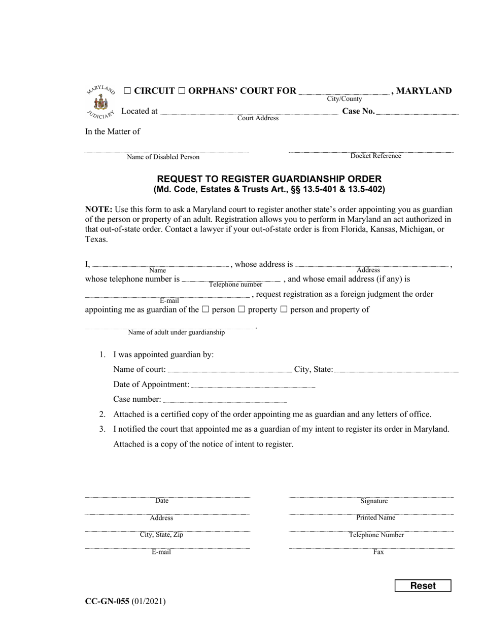Form CC-GN-055 Request to Register Guardianship Order - Maryland, Page 1