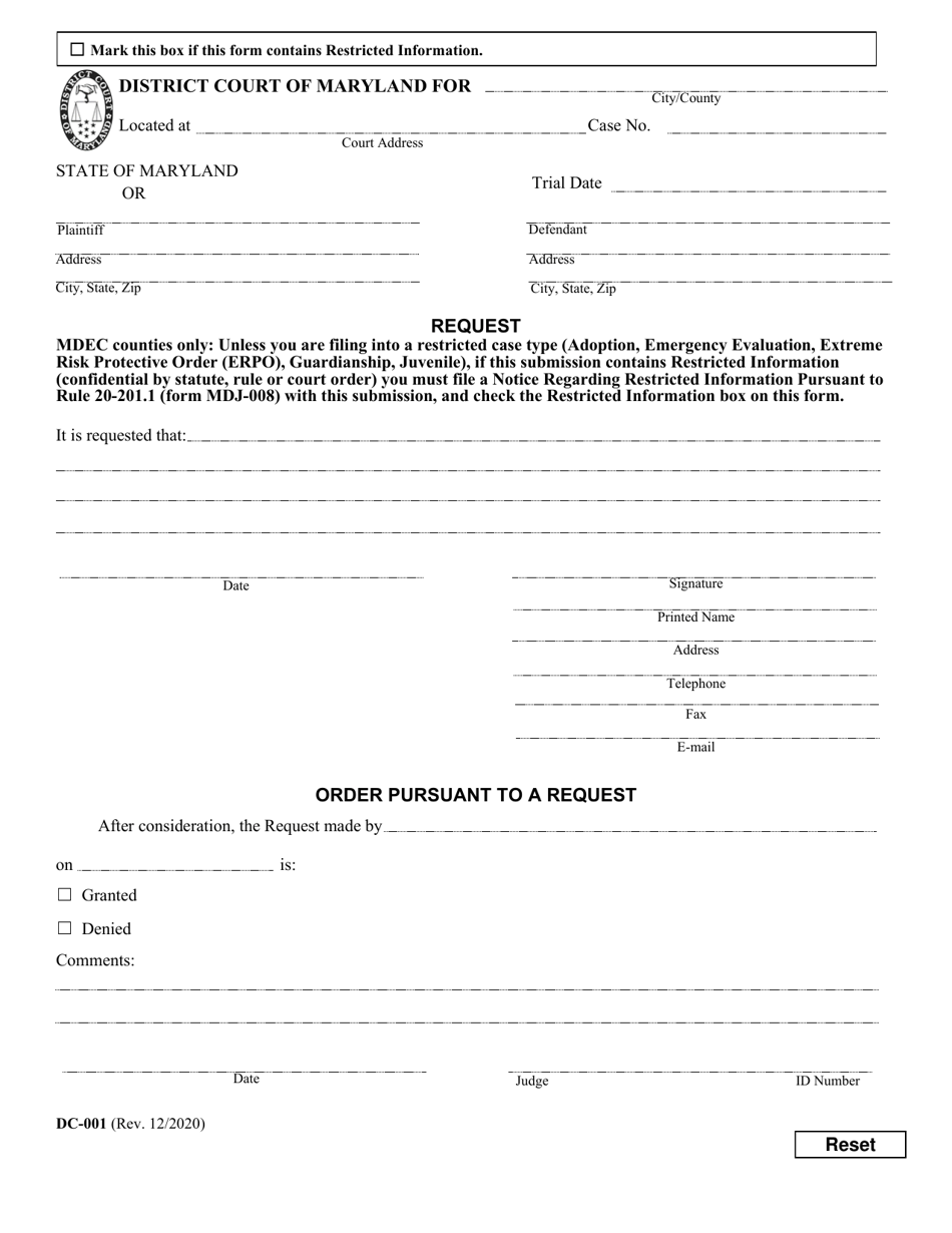 Form DC-001 Request, Order - Maryland, Page 1
