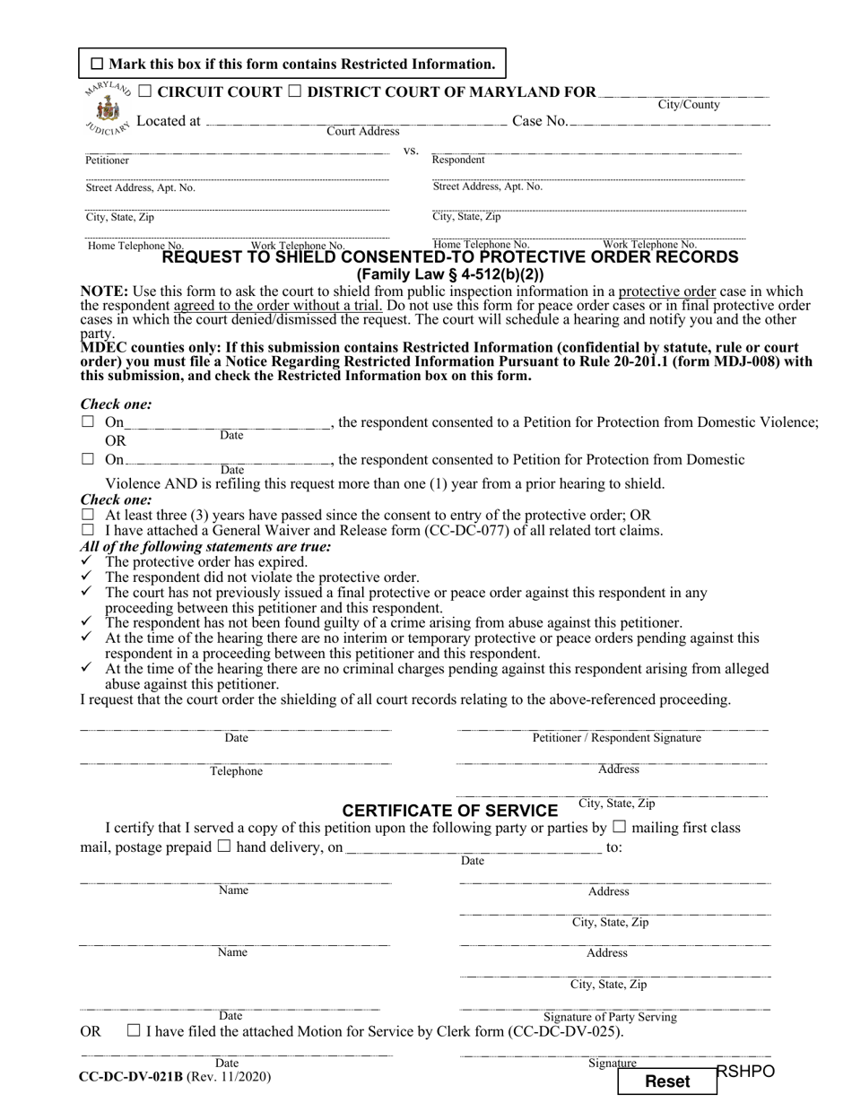 Form CC-DC-DV-021B Request to Shield Consented-To Protective Order Records - Maryland, Page 1