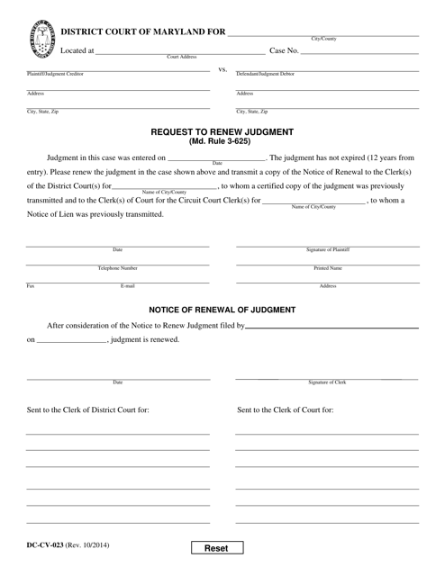 Form DC-CV-023 Request to Renew Judgment - Maryland