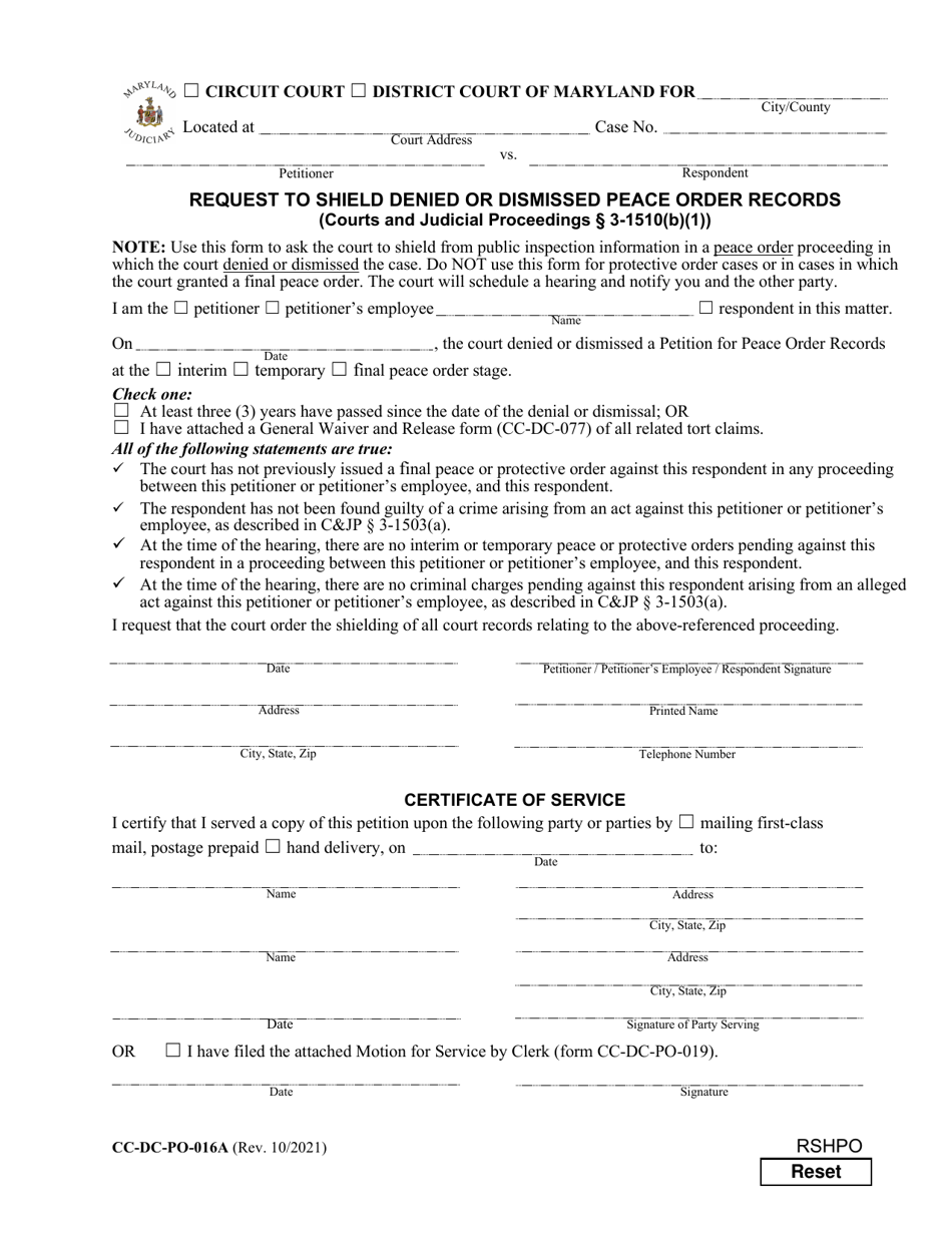 Form CC-DC-PO-016A Request to Shield Denied or Dismissed Peace Order Records - Maryland, Page 1