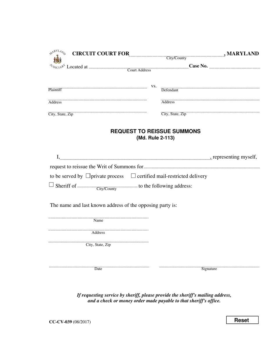 Form CC-CV-039 Request to Reissue Summons - Maryland, Page 1