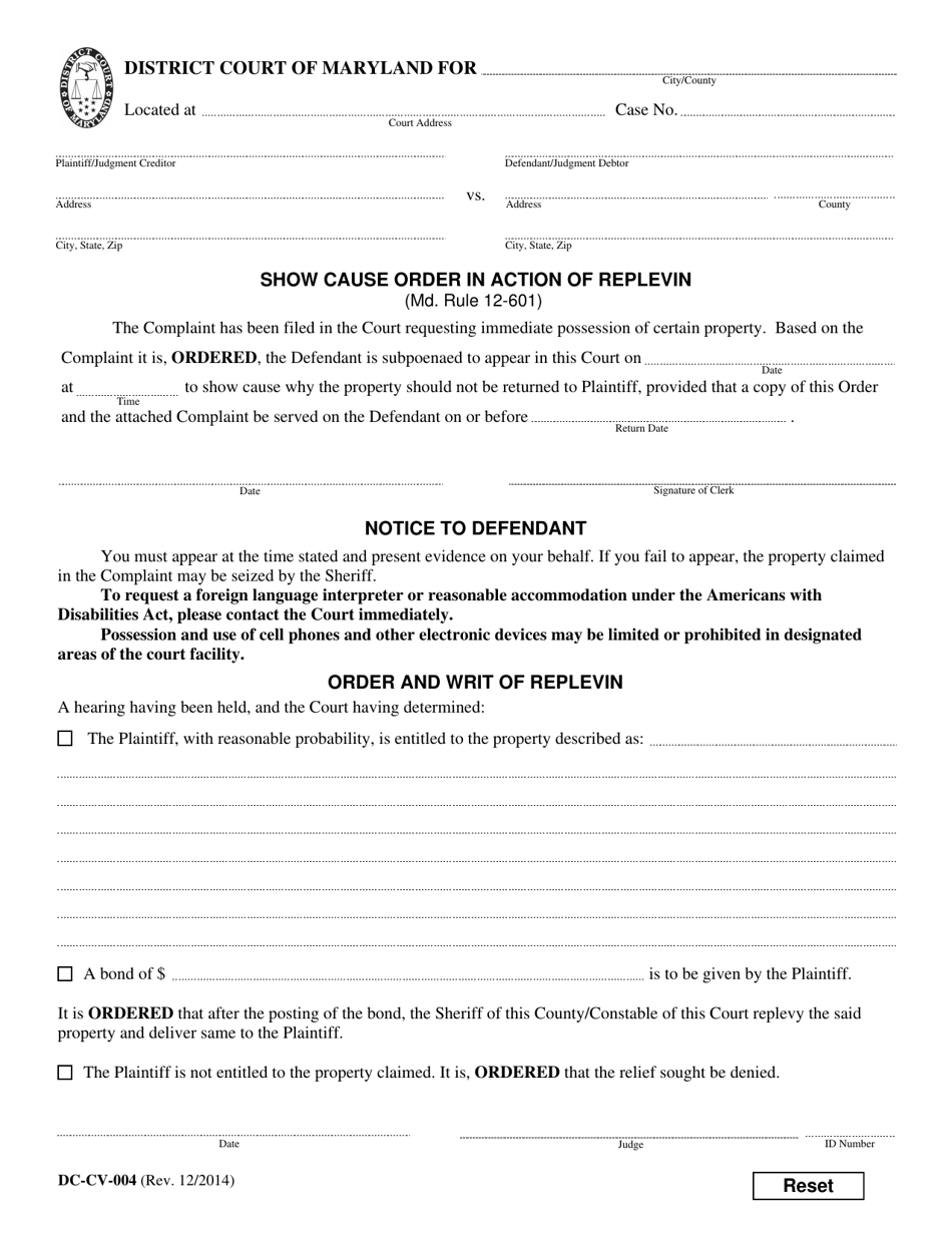 Form DC-CV-004 Show Cause Order in Action of Replevin / Notice to Defendant / Order and Writ of Replevin - Maryland, Page 1