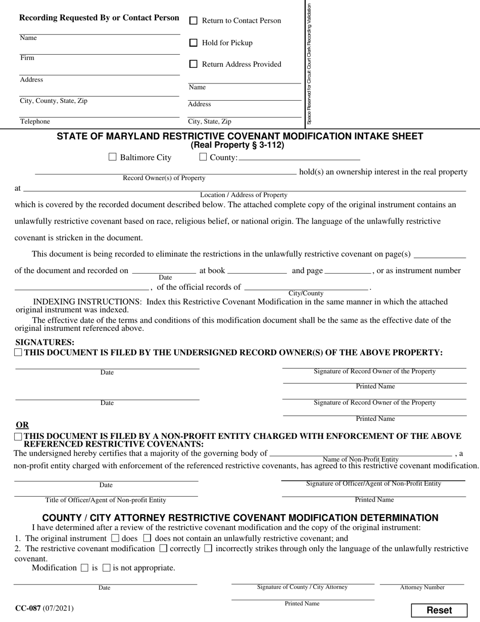 Form CC-087 State of Maryland Restrictive Covenant Modification Intake Sheet - Maryland, Page 1