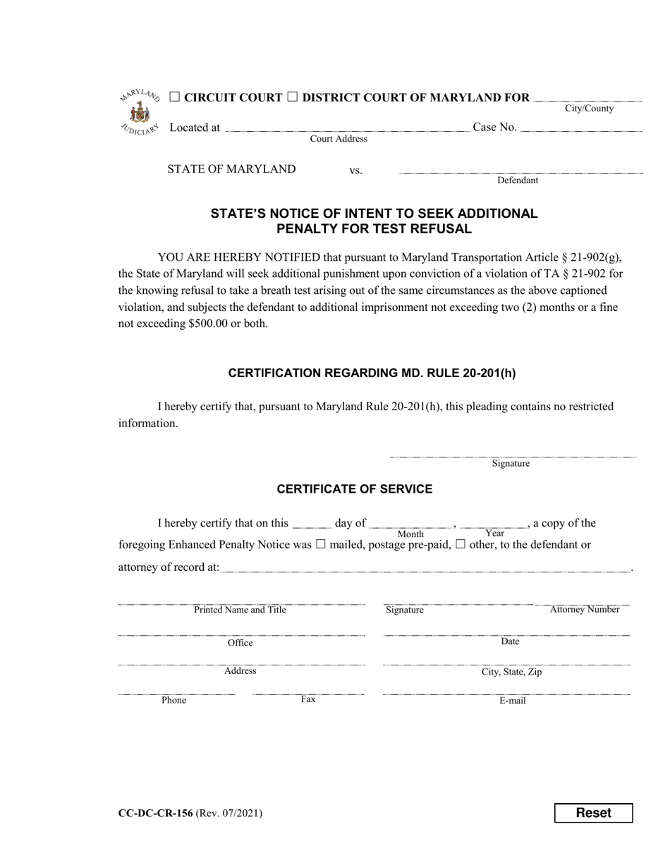 Form CC-DC-CR-156 States Notice of Intent to Seek Additional Penalty for Test Refusal - Maryland, Page 1