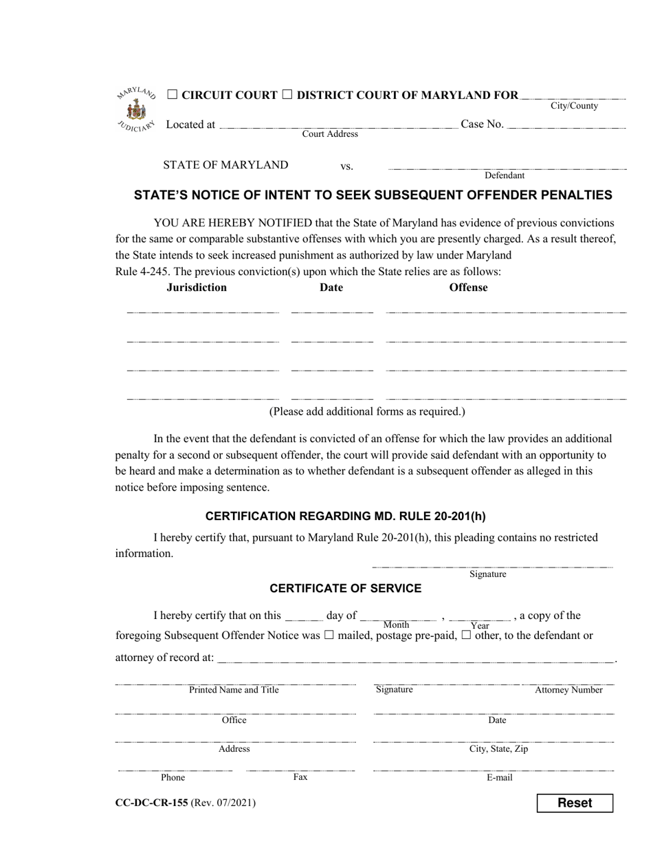 Form CC-DC-CR-155 States Notice of Intent to Seek Subsequent Offender Penalties - Maryland, Page 1