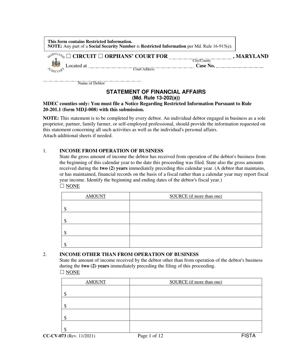 Form CC-CV-073 Statement of Financial Affairs - Maryland, Page 1