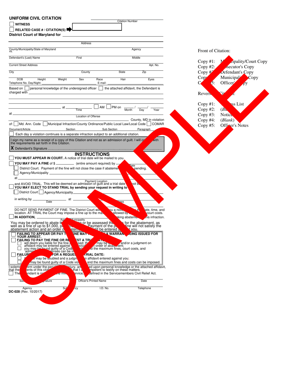 Form DC-028 Uniform Civil Citation - Sample - Maryland, Page 1