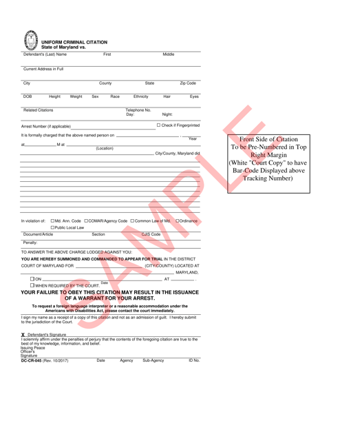 Form DC-CR-045 Uniform Criminal Citation - Sample - Maryland