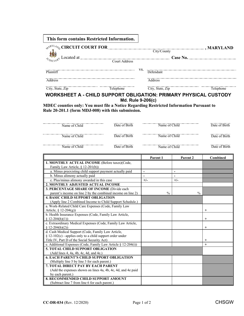 Form CC-DR-034 Worksheet A Child Support Obligation - Primary Physical Custody - Maryland, Page 1