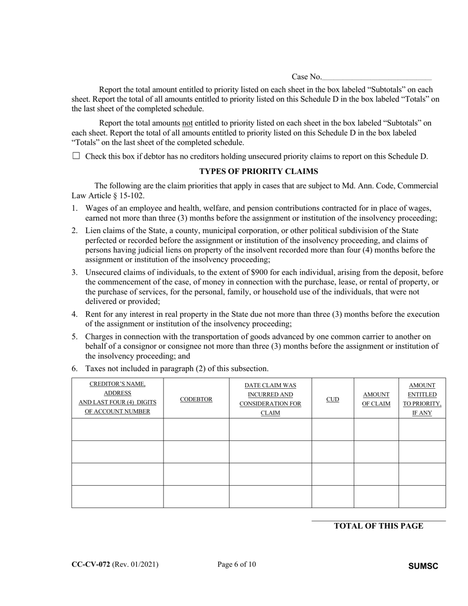 Form CC-CV-072 Summary of Schedules - Maryland, Page 6