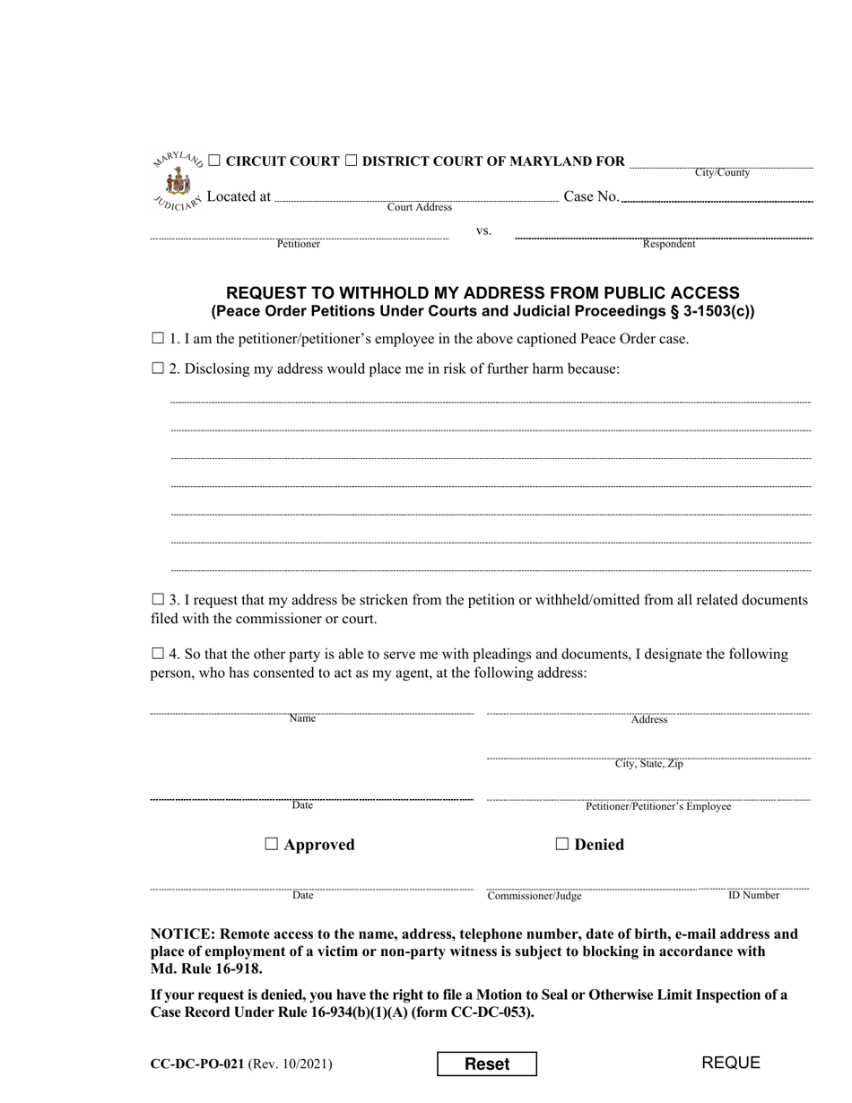 Form CC-DC-PO-021 Request to Withhold My Address From Public Access - Maryland, Page 1