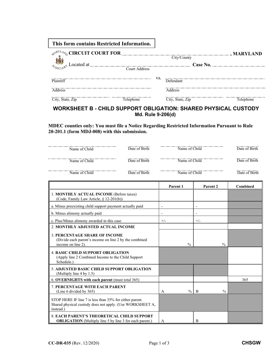 Form CC-DR-035 Worksheet B Child Support Obligation - Shared Physical Custody - Maryland, Page 1