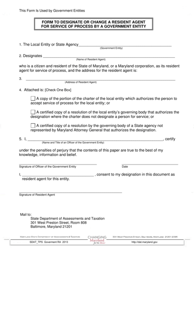 Form to Designate or Change a Resident Agent for Service of Process by a Government Entity - Maryland Download Pdf
