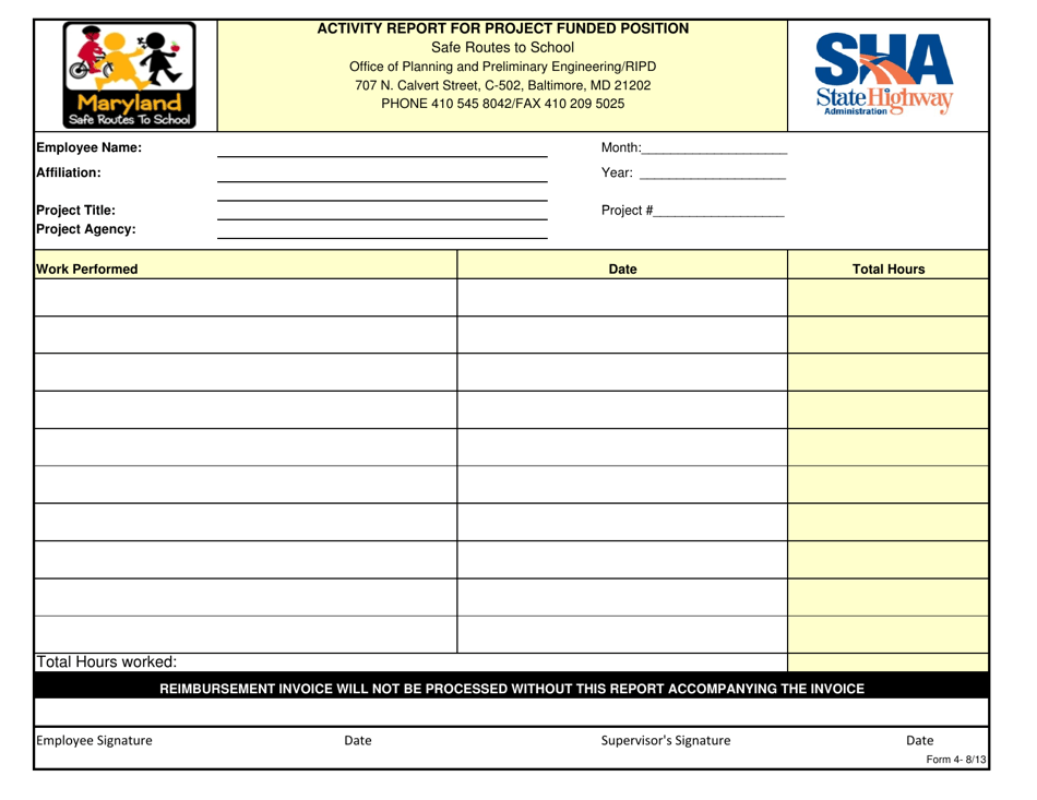 Form 4 Activity Report for Project Funded Position - Maryland, Page 1