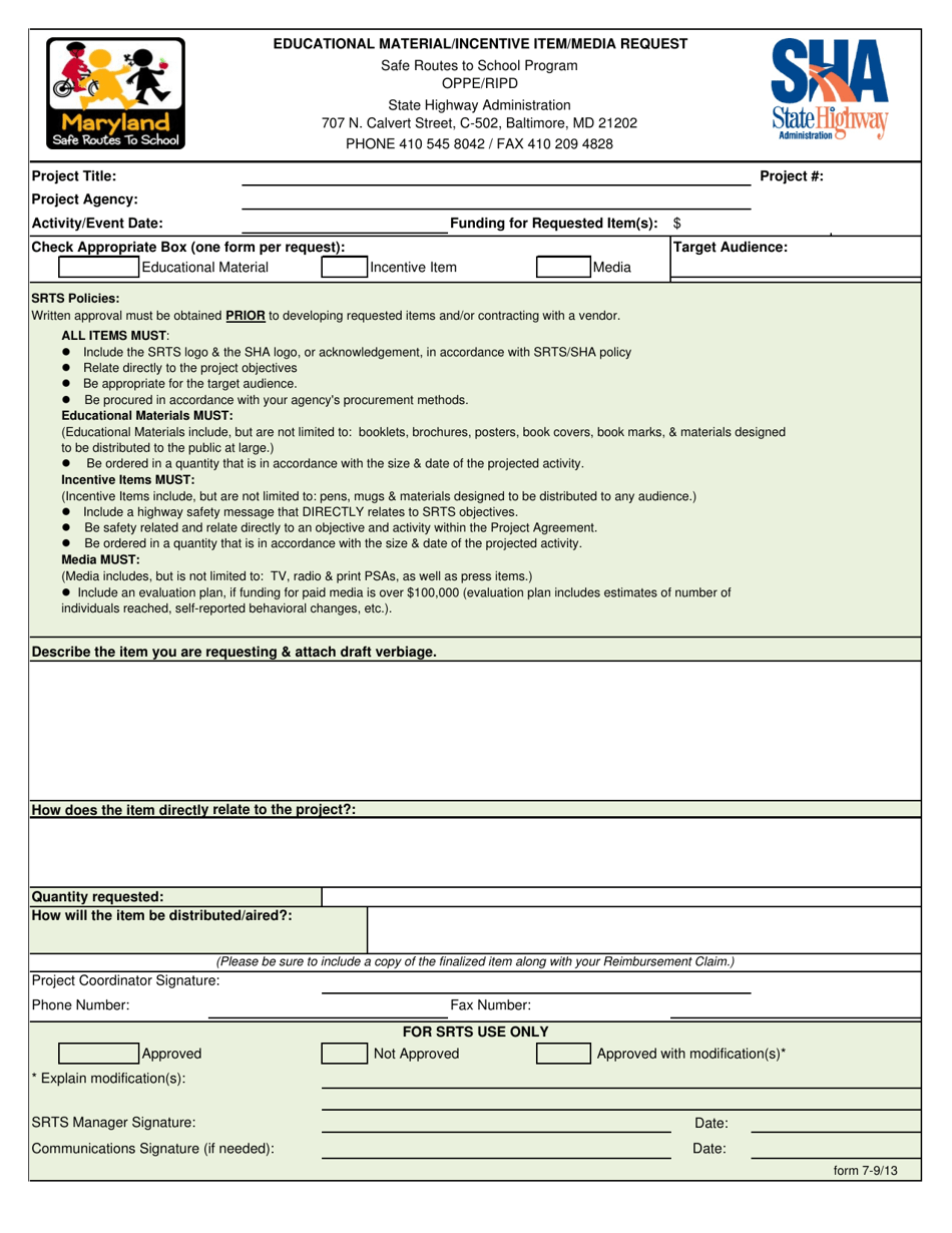 Form 7 Educational Material / Incentive Item / Media Request - Maryland, Page 1