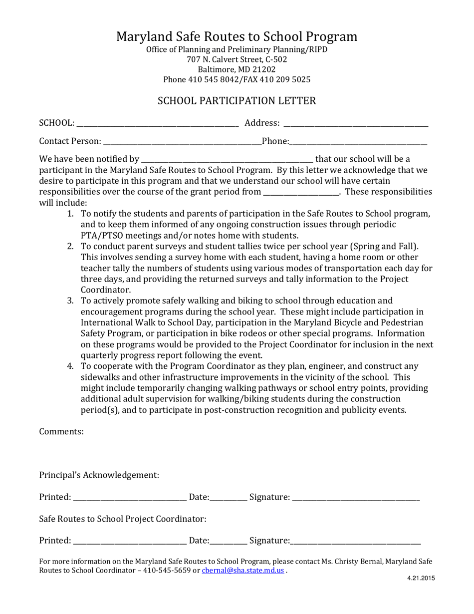 School Participation Letter - Maryland Safe Routes to School Program - Maryland, Page 1