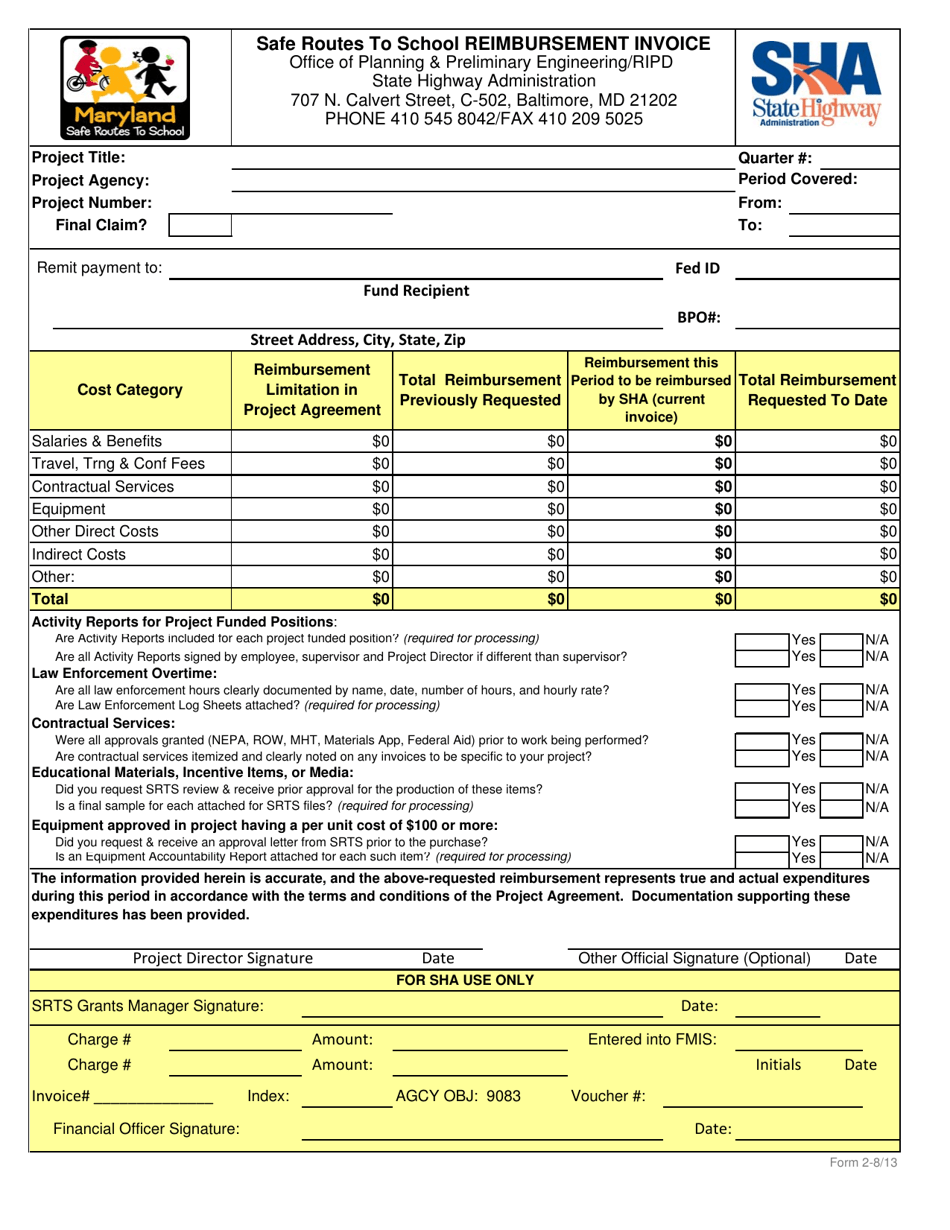 Form 2 Safe Routes to School Reimbursement Invoice - Maryland, Page 1