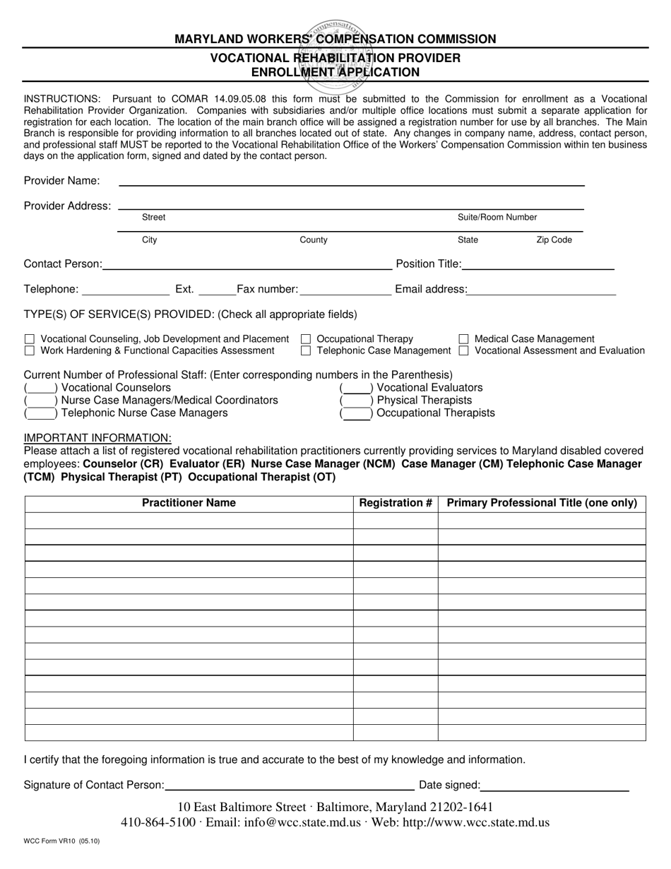 WCC Form VR10 Vocational Rehabilitation Provider Enrollment Application - Maryland, Page 1
