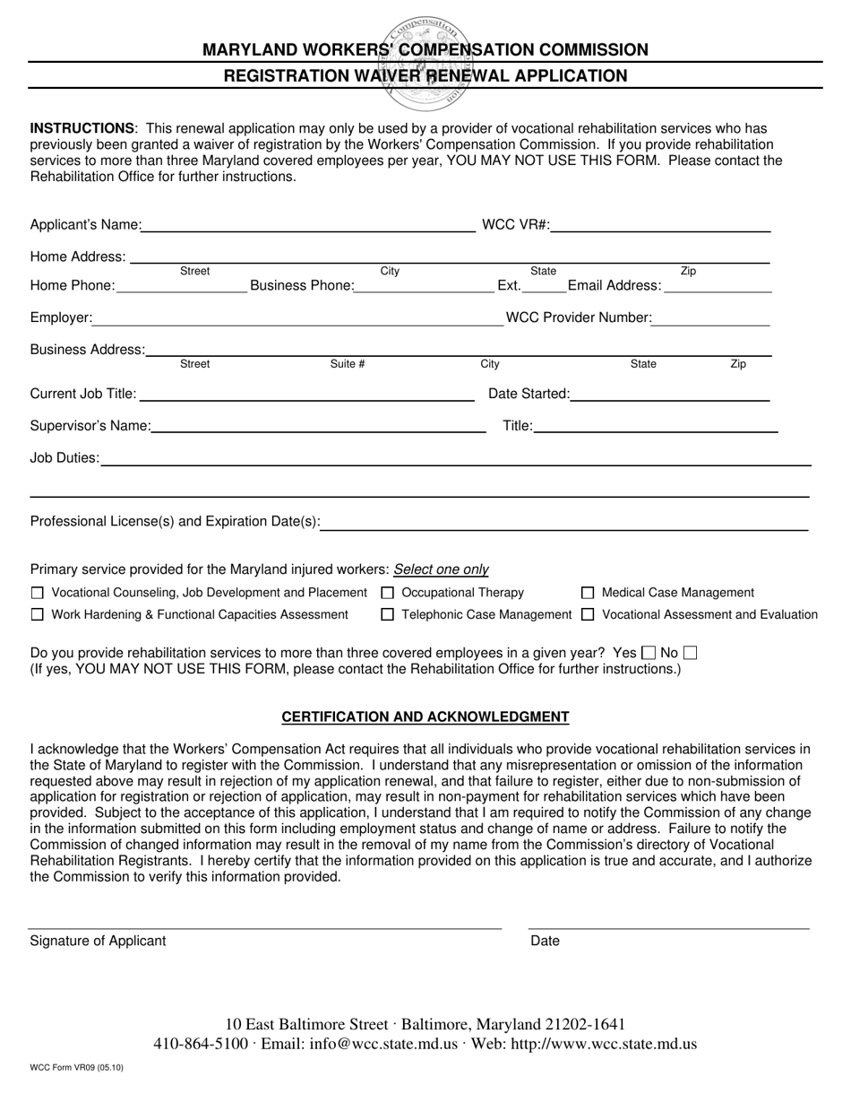 WCC Form VR12 Registration Waiver Renewal Application - Maryland, Page 1