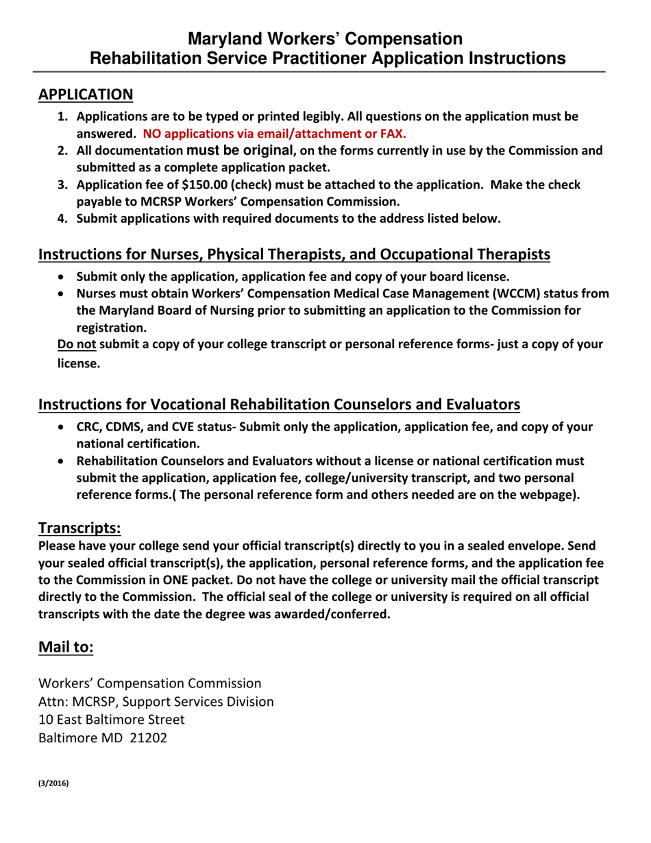 WCC Form VR-8 Rehabilitation Service Practitioner Registration Application - Maryland, Page 1