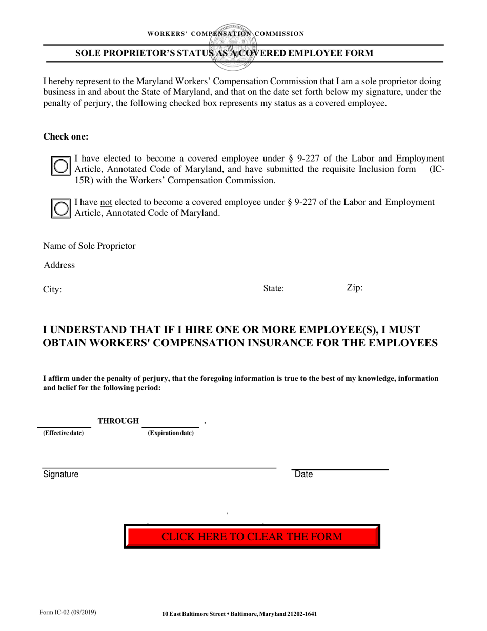 WCC Form IC-02 Sole Proprietor's Status as a Covered Employee Form - Maryland, Page 1