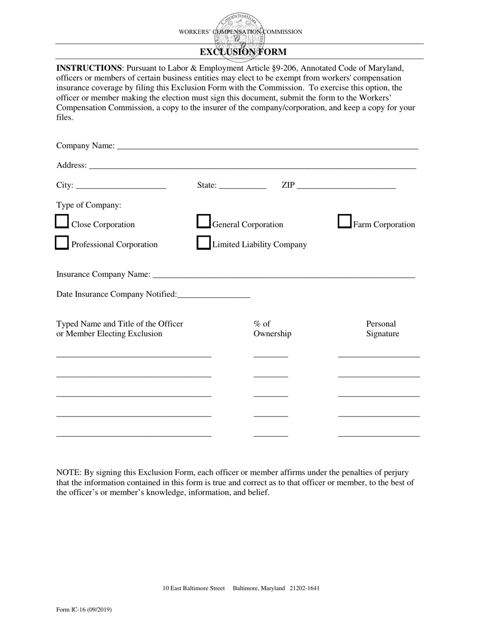 WCC Form IC-16 Exclusion Form - Maryland, Page 1