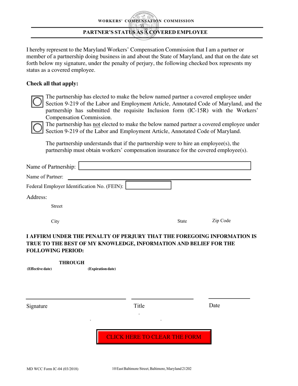 WCC Form IC-04 Partners Status as a Covered Employee - Maryland, Page 1
