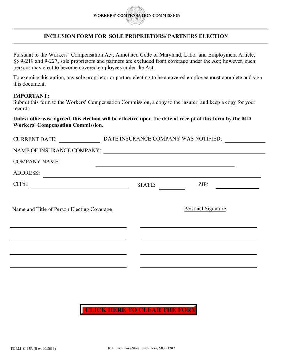 WCC Form C-15R Inclusion Form for Sole Proprietors / Partners Election - Maryland, Page 1