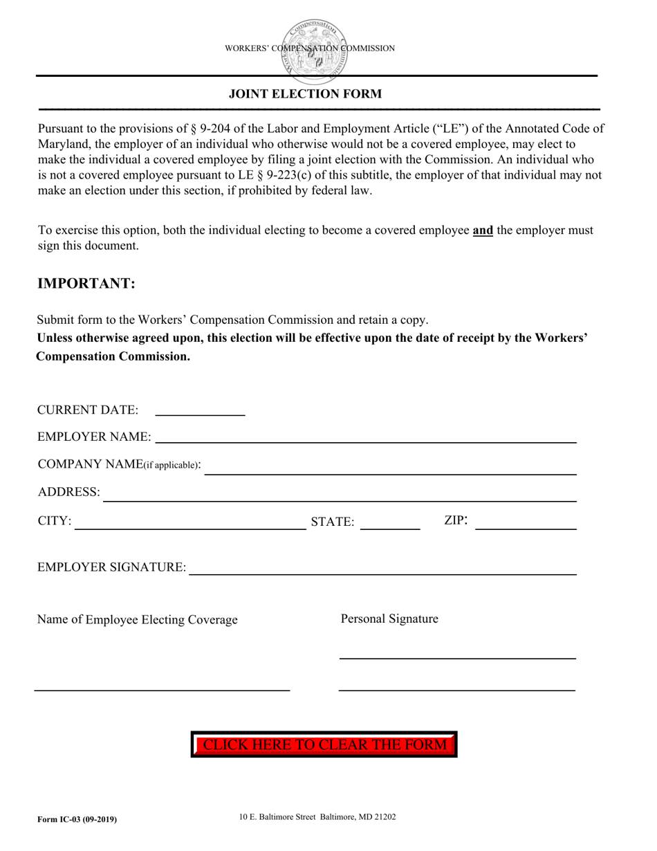 WCC Form IC-03 Joint Election Form - Maryland, Page 1