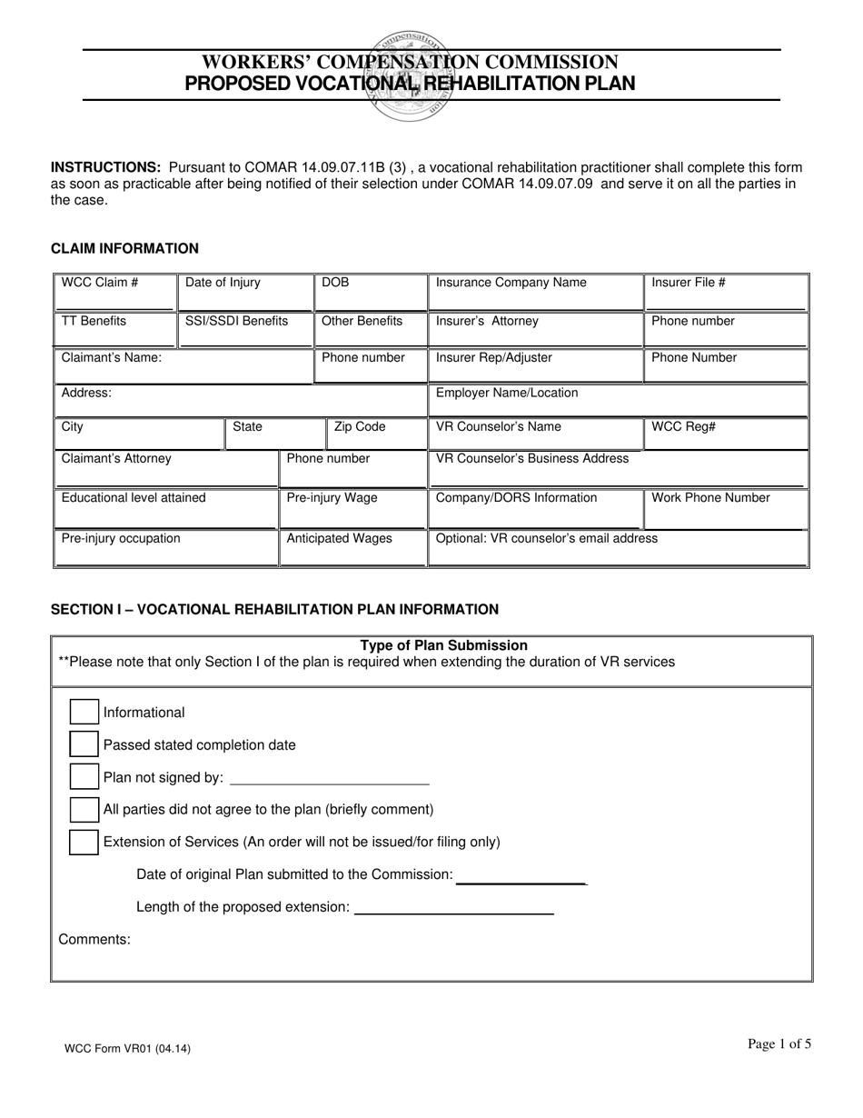 WCC Form VR01 Proposed Vocational Rehabilitation Plan - Maryland, Page 1
