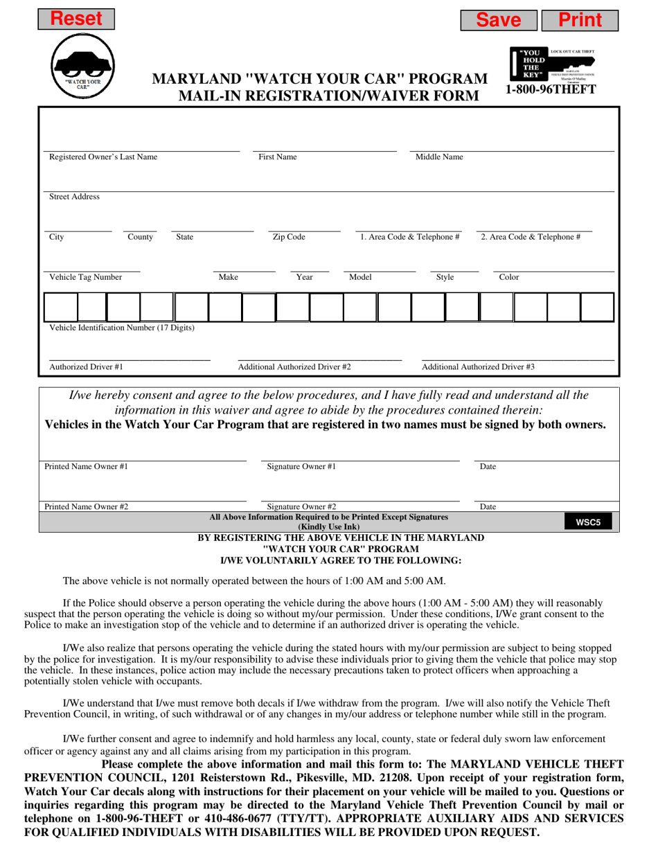 Mail-In Registration / Waiver Form - Maryland Watch Your Car Program - Maryland, Page 1