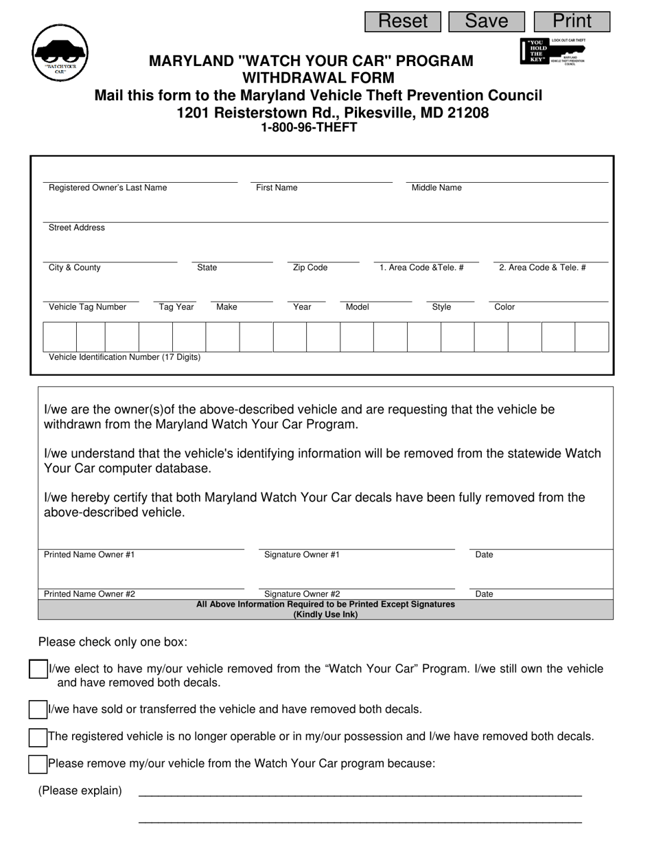 Withdrawal Form - Maryland watch Your Car Program - Maryland, Page 1