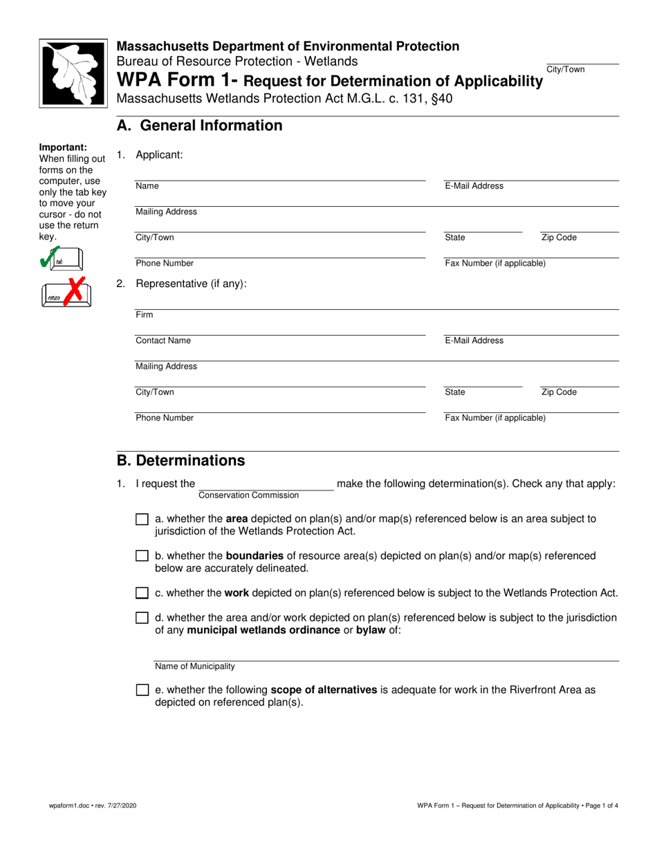 WPA Form 1 Request for Determination of Applicability - Massachusetts, Page 1