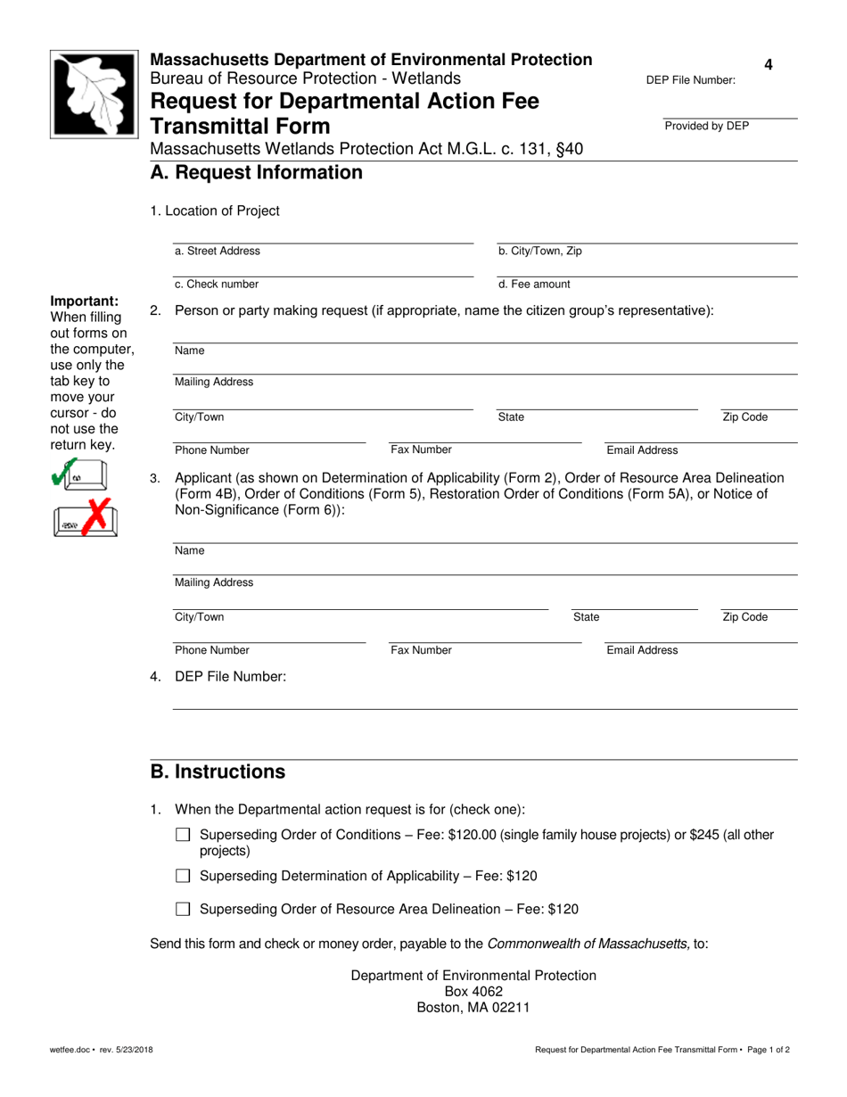 Massachusetts Request for Departmental Action Fee Transmittal Form ...