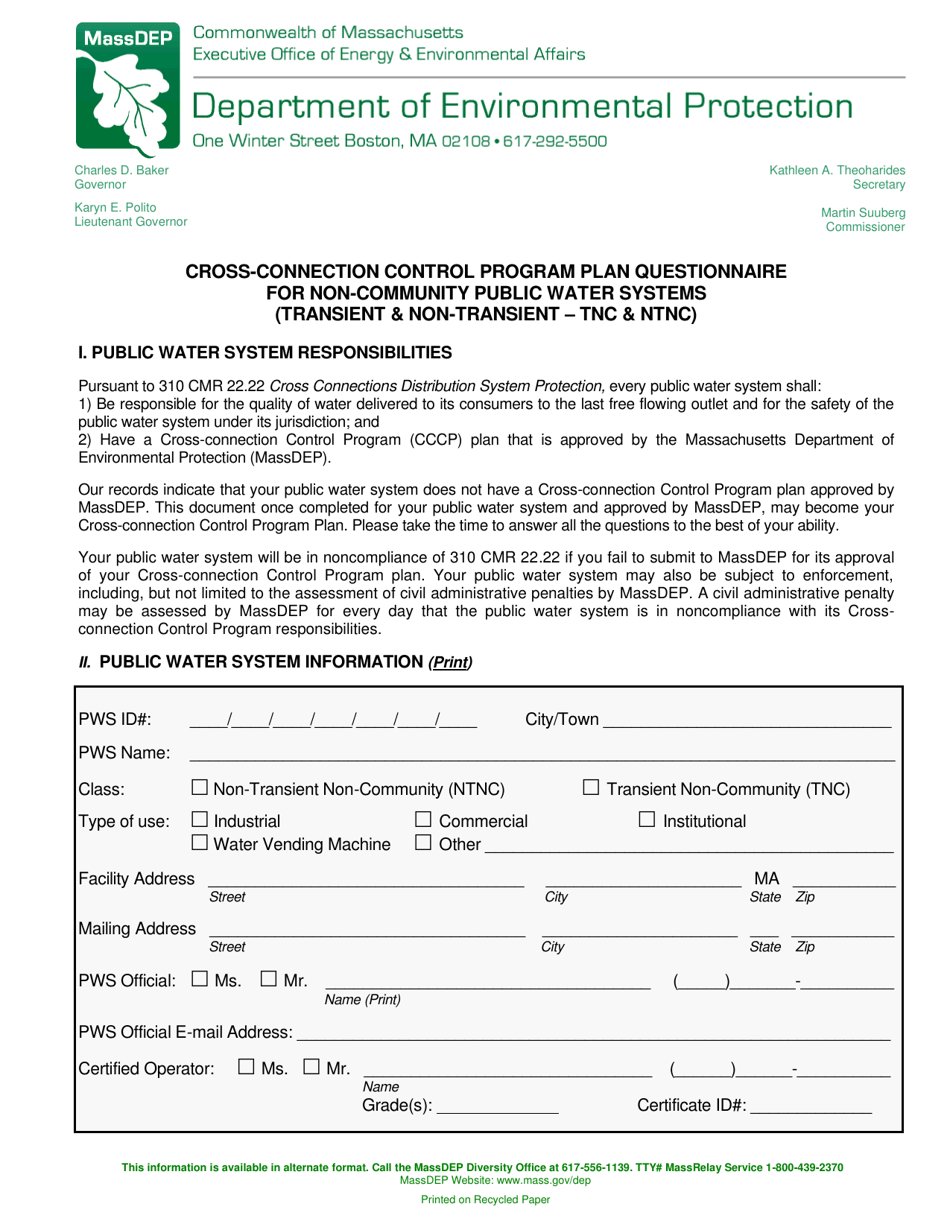 Cross-connection Control Program Plan Questionnaire for Non-community Public Water Systems (Transient  Non-transient - Tnc  Ntnc) - Massachusetts, Page 1