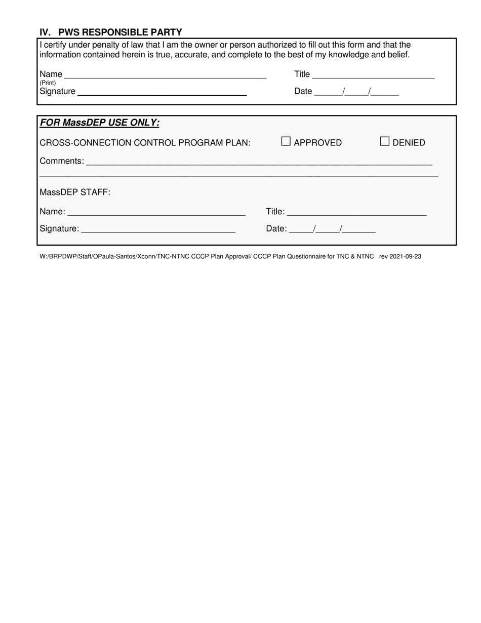 Cross-connection Control Program Plan Questionnaire for Non-community Public Water Systems (Transient  Non-transient - Tnc  Ntnc) - Massachusetts, Page 3