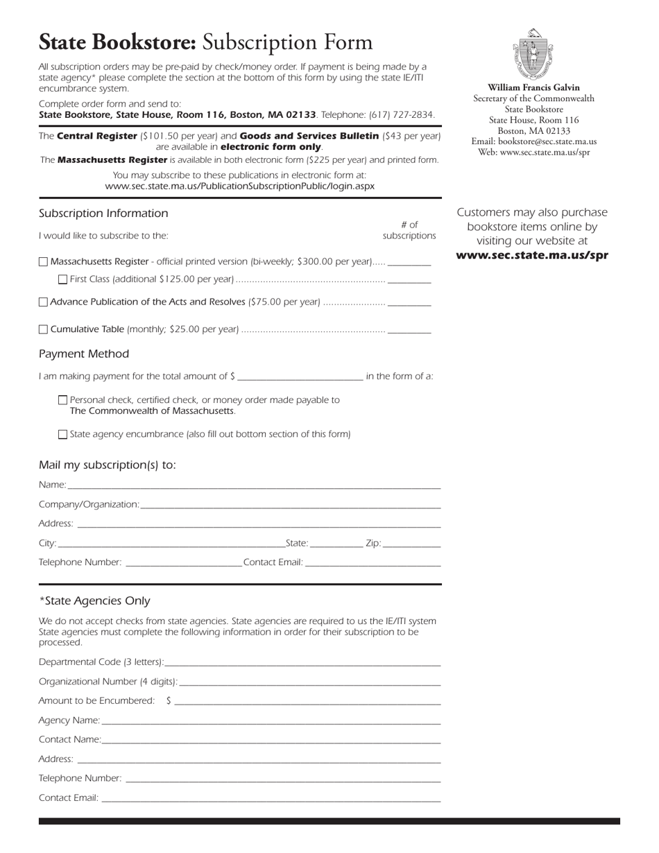 State Bookstore Subscription Form - Massachusetts, Page 1