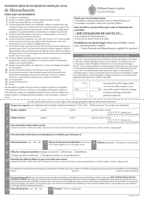 Formulario Oficial De Inscripcion De Votante Por Correo De Massachusetts - Massachusetts (Spanish) Download Pdf