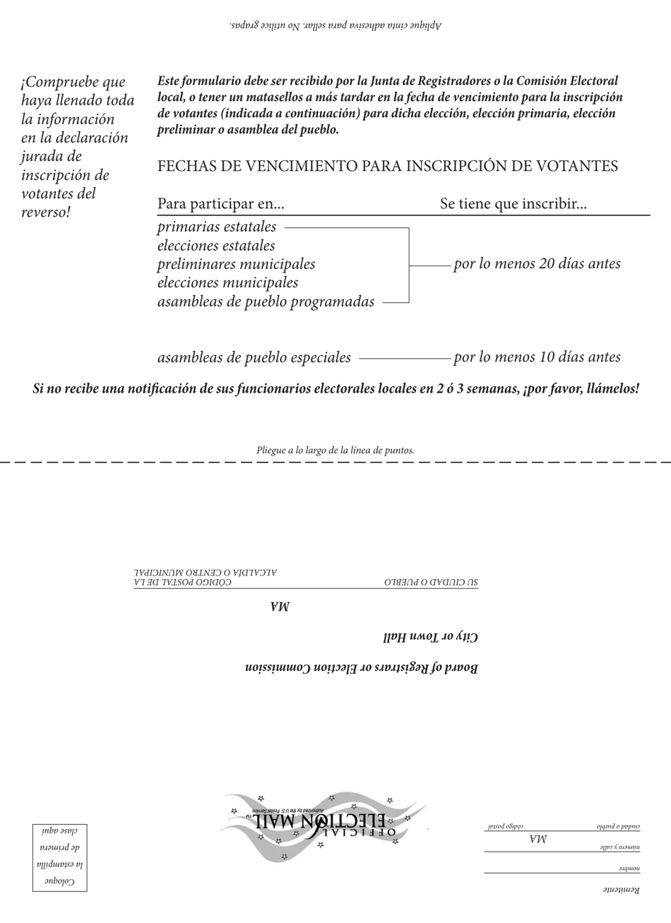 Formulario Oficial De Inscripcion De Votante Por Correo De Massachusetts - Massachusetts (Spanish), Page 2