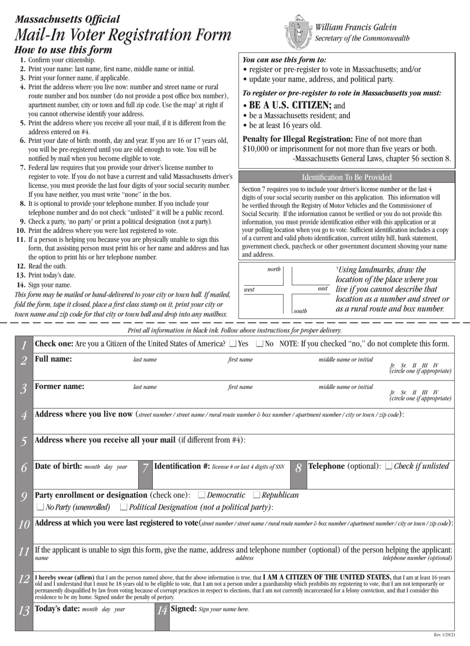 Mail-In Voter Registration Form - Massachusetts, Page 1