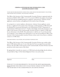 Document preview: Criminal Offender Record Information (Cori) Acknowledgement Form - Massachusetts