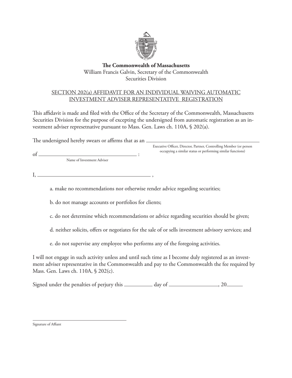 Section 202(A) Affidavit for an Individual Waiving Automatic Investment Adviser Representative Registration - Massachusetts, Page 1
