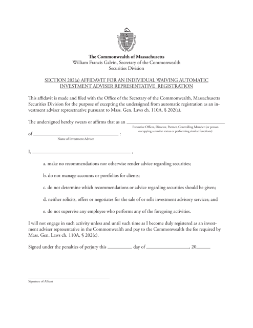 Section 202(A) Affidavit for an Individual Waiving Automatic Investment Adviser Representative Registration - Massachusetts Download Pdf