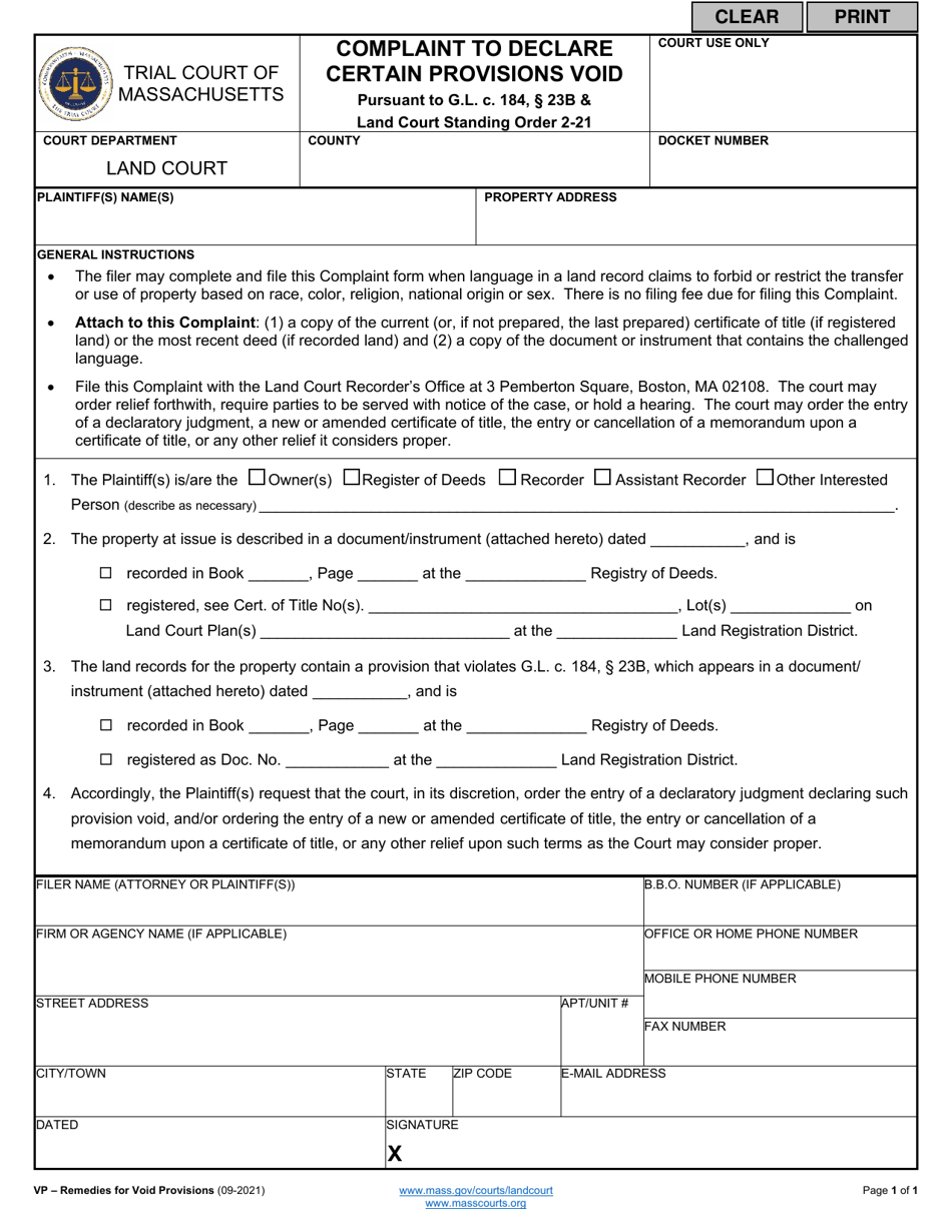 Massachusetts Complaint to Declare Certain Provisions Void Fill Out